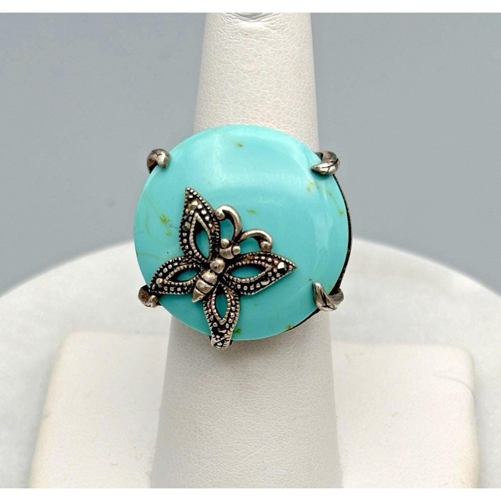Vintage Sterling Silver Turquoise Butterfly Ring 925 Size 7 Marcasites Chunky